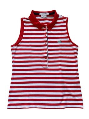 Lacoste Red & White Striped Sleeveless Polo Tank